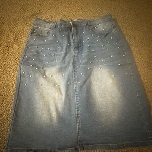 Elegant Blue Denim Pencil Skirt with Pearl Details